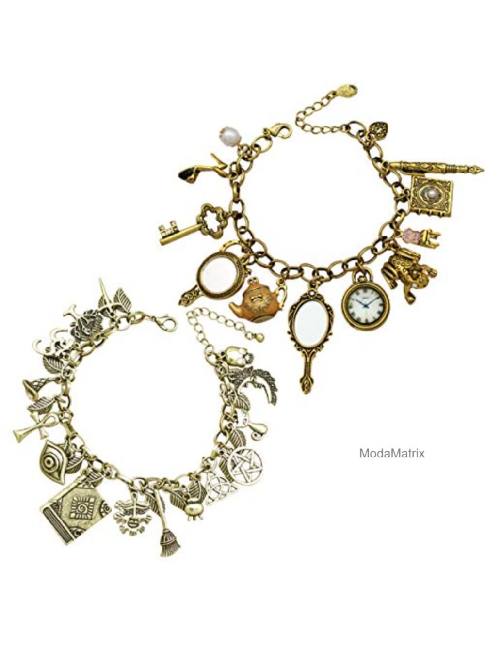 Vintage Cuff Bangle Bracelet Set - Gold Plated, Fairy Tale Myth Charms
